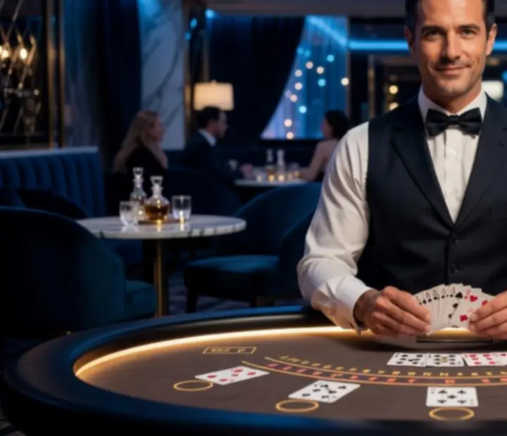 Profesjonalny krupier prowadzący rozgrywkę blackjack dla elegancko ubranych gości