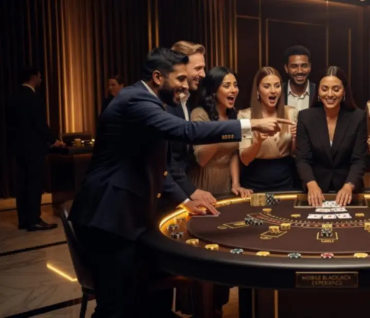 Stół do gry w blackjack z kartami, żetonami i prowadzącym w eleganckim stroju