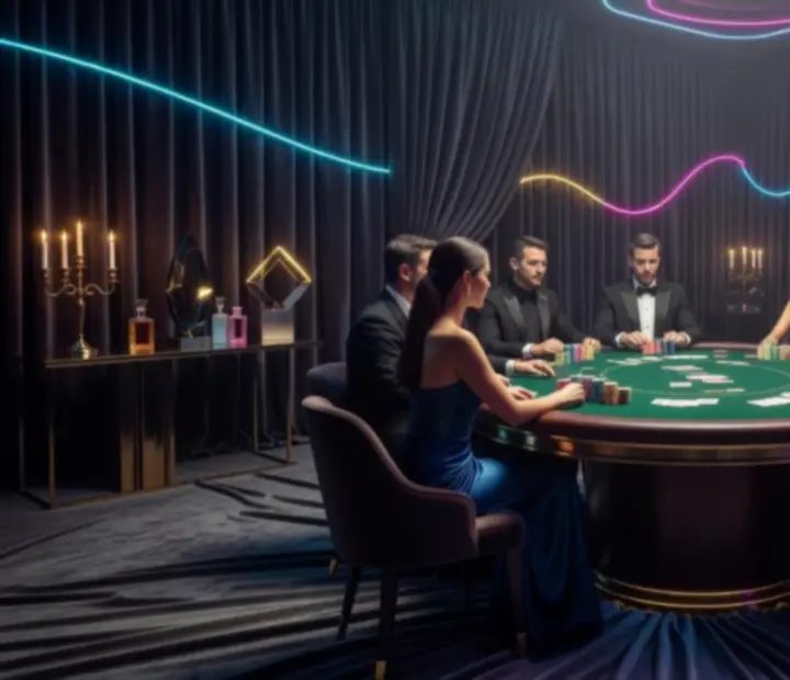 Cinematiczne oświetlenie i dekoracje wokół stołu pokerowego