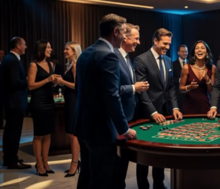 Uczestnicy eventu firmowego bawiący się przy ruletce w eleganckiej sali