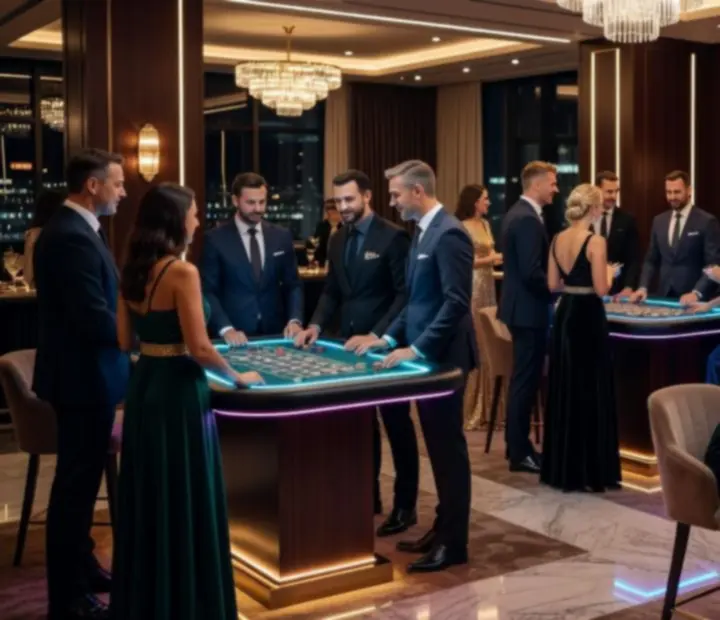 Elegancki event korporacyjny z oświetloną sceną i gośćmi w strojach wieczorowych.