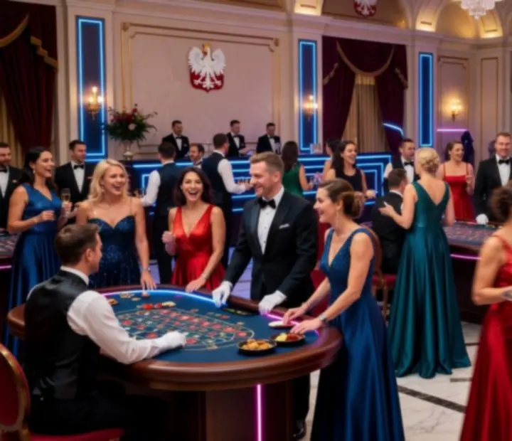 Elegancka sala eventowa z dynamicznym oświetleniem i mobilnymi stołami rozrywkowymi