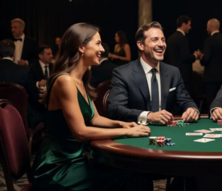 Goście rozmawiający i śmiejący się przy stole pokerowym podczas imprezy
