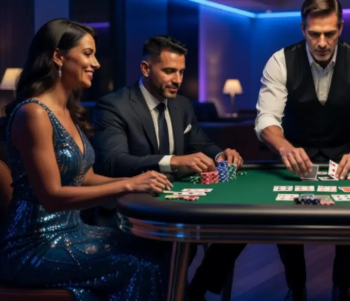 Profesjonalny stół pokerowy z kartami i żetonami w klimatycznym oświetleniu