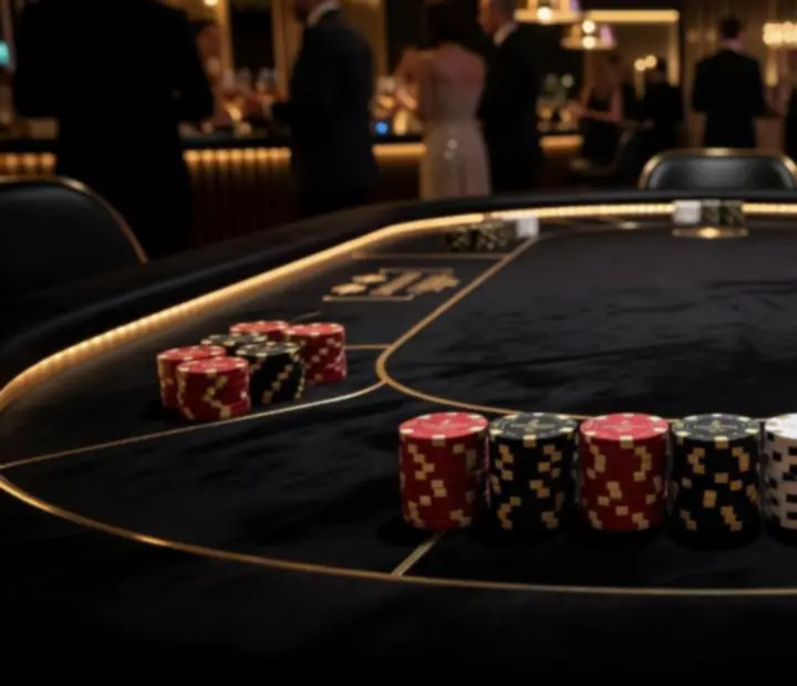 Ciemny stół pokerowy w czarno-złotej aranżacji z subtelnym oświetleniem