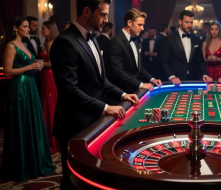 Kinowo oświetlony stół ruletki podczas eleganckiego wydarzenia wieczornego