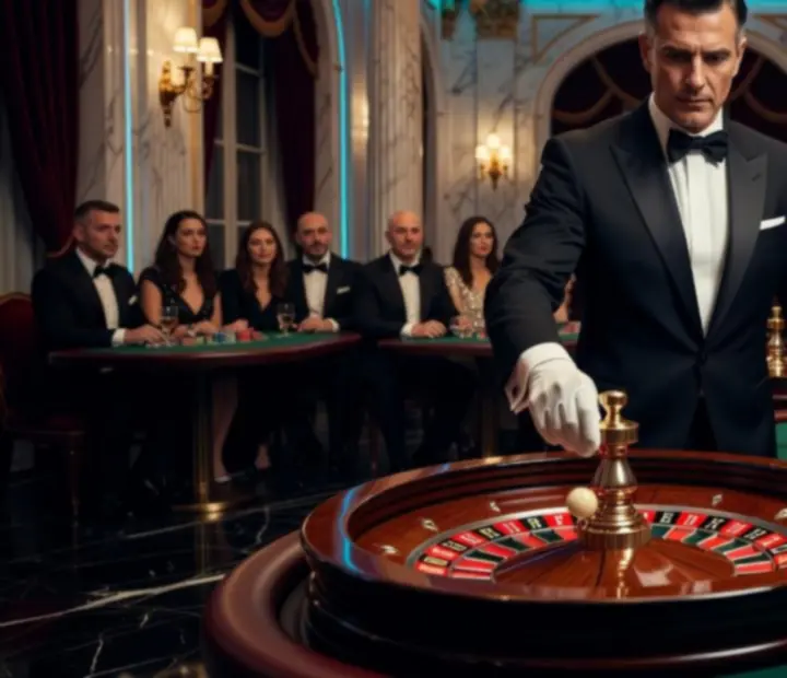 Doświadczony croupier obsługujący stół ruletki podczas eleganckiego eventu