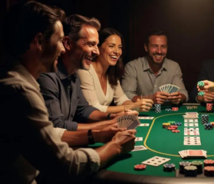 Wieczór pokerowy z oświetlonym stołem i skupionymi uczestnikami.